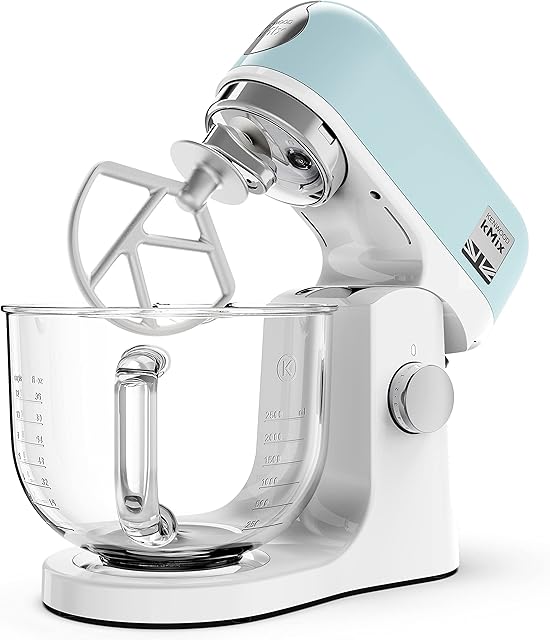 Kenwood kMix Stand Mixer for Baking, Stylish Kitchen Mixer with K-beater, Dough Hook and Whisk, 5L Glass Bowl, Removable Splash Guard, 1000 W, Pastel Blue, KMX754APB