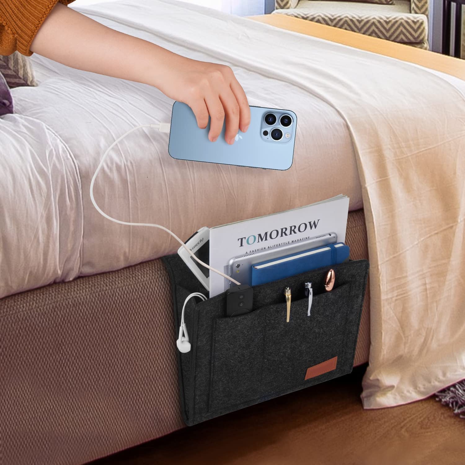 AMTRIX Sofa Felt Bedside Pocket, Under Mattress Holder Bag for Magazine, iPad, Tablet, and Remotes, Bedside Caddy, Bedside Storage Organizer, Table Cabinet Hanging Storage Organizer,