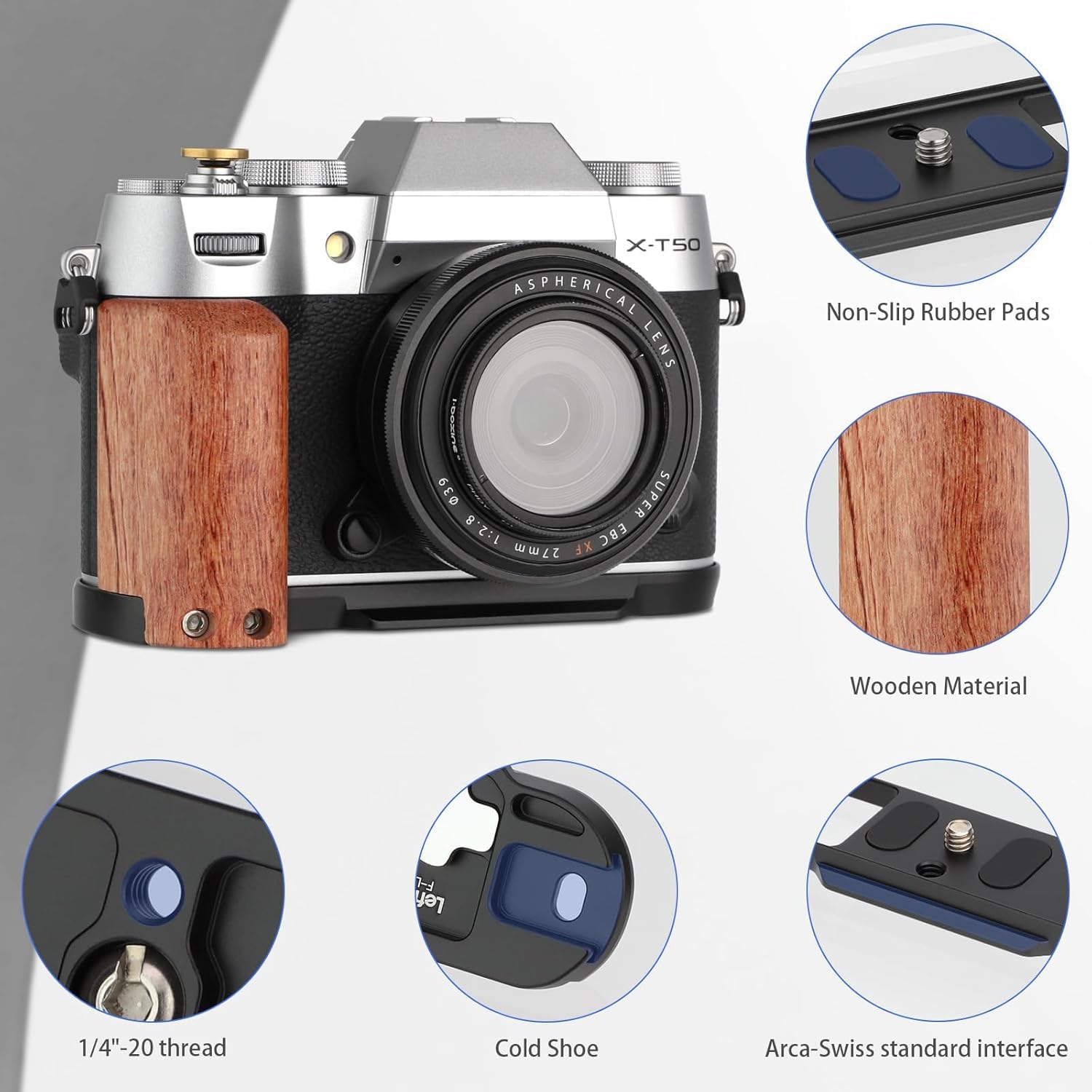 LEFTFOTO X-T50 Retro Handgrip L-Shape Bracket Handle with Wooden Grip for Fujifilm X-T50 Camera,with Built-in Bottom Arca Quick Release Plate, with Shutter Button,Black - Image 2