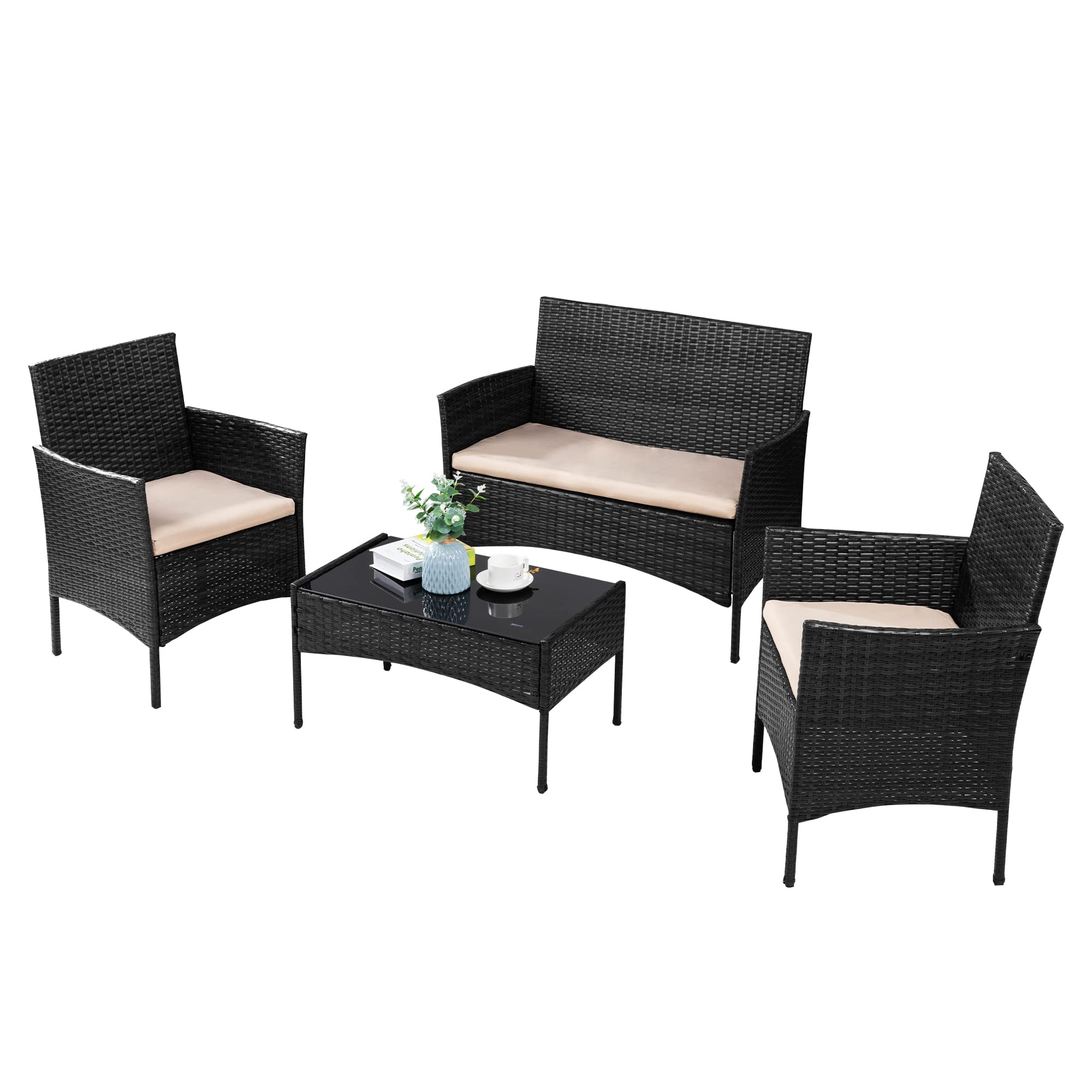 JY QAQA 4 Pieces Patio Furniture Sets All-Weather Rattan Chairs Wicker Set with Glass Coffee Table Outdoor Conversation Sets for Garden Balcony Porch