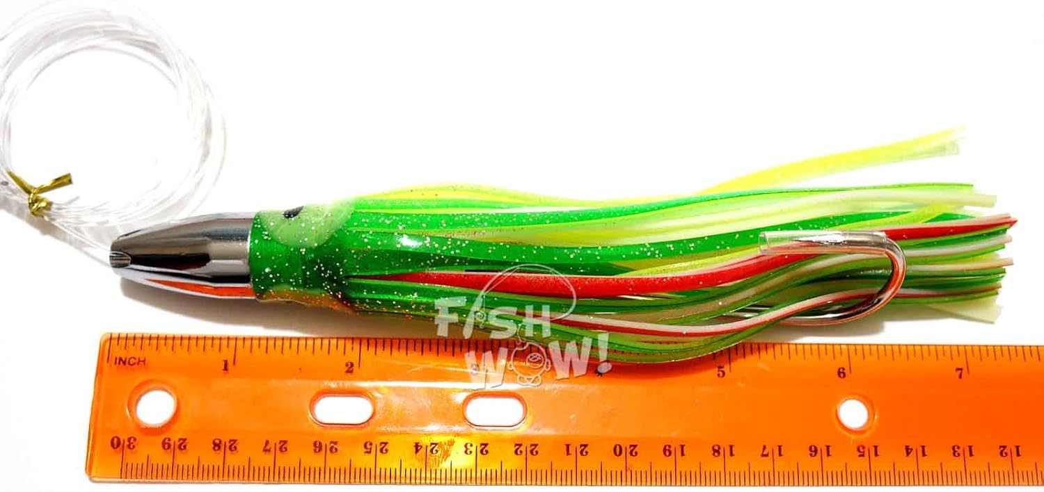 3pcs Mexican Flag Fish WOW! 7" Bullet Jet Head Squid Rig Trolling Lure Marlin Tuna Rigged a Double Hook