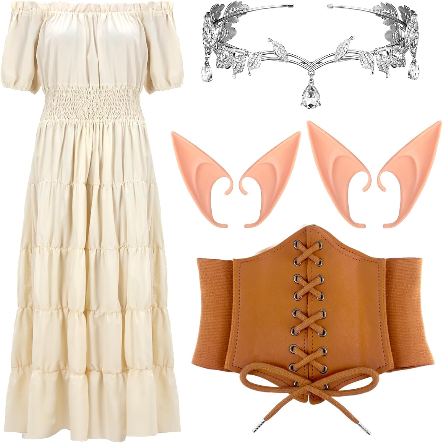 Lewtemi Disfraz de hada renacentista de Halloween para mujer, disfraz medieval vikingo, vestido irlandés, corsé atado con orejas de elfo