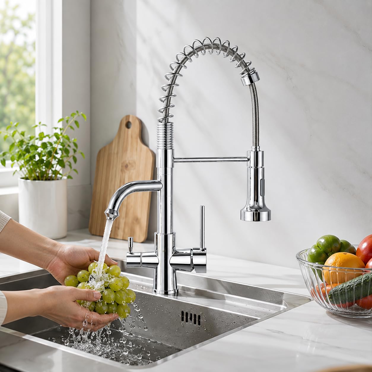 Robinets de cuisine 3 voies robinet de cuisine avec douchette amovible mélangeur d'eau potable en laiton avec filtre à eau eau bouche rotative à 360 °,spray pull-down,Chrome