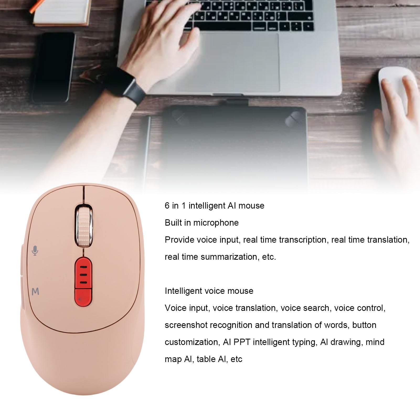 SENECESLI AI-Sprachmaus für ChatGPT, 6-in-1-Spracheingabe-Übersetzung, Leise, Ergonomische, Wiederaufladbare Bluetooth-Funkmaus mit Integriertem Mikrofon für Desktop-PC (Hell-Pink)