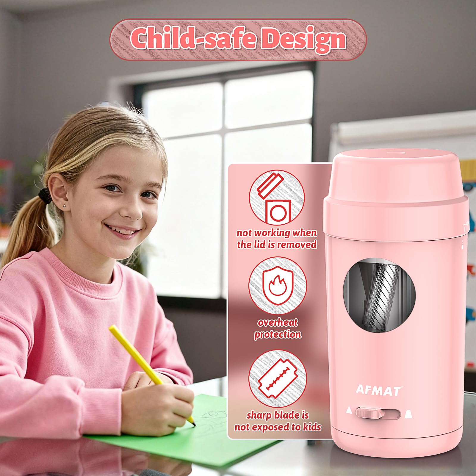 AFMAT Temperamatite elettrico completamente automatico, temperamatite ricaricabile con contenitore per penne sottili e spesse 7-8 mm, auto in & fuori, temperamatite elettrico per casa, ufficio, scuola