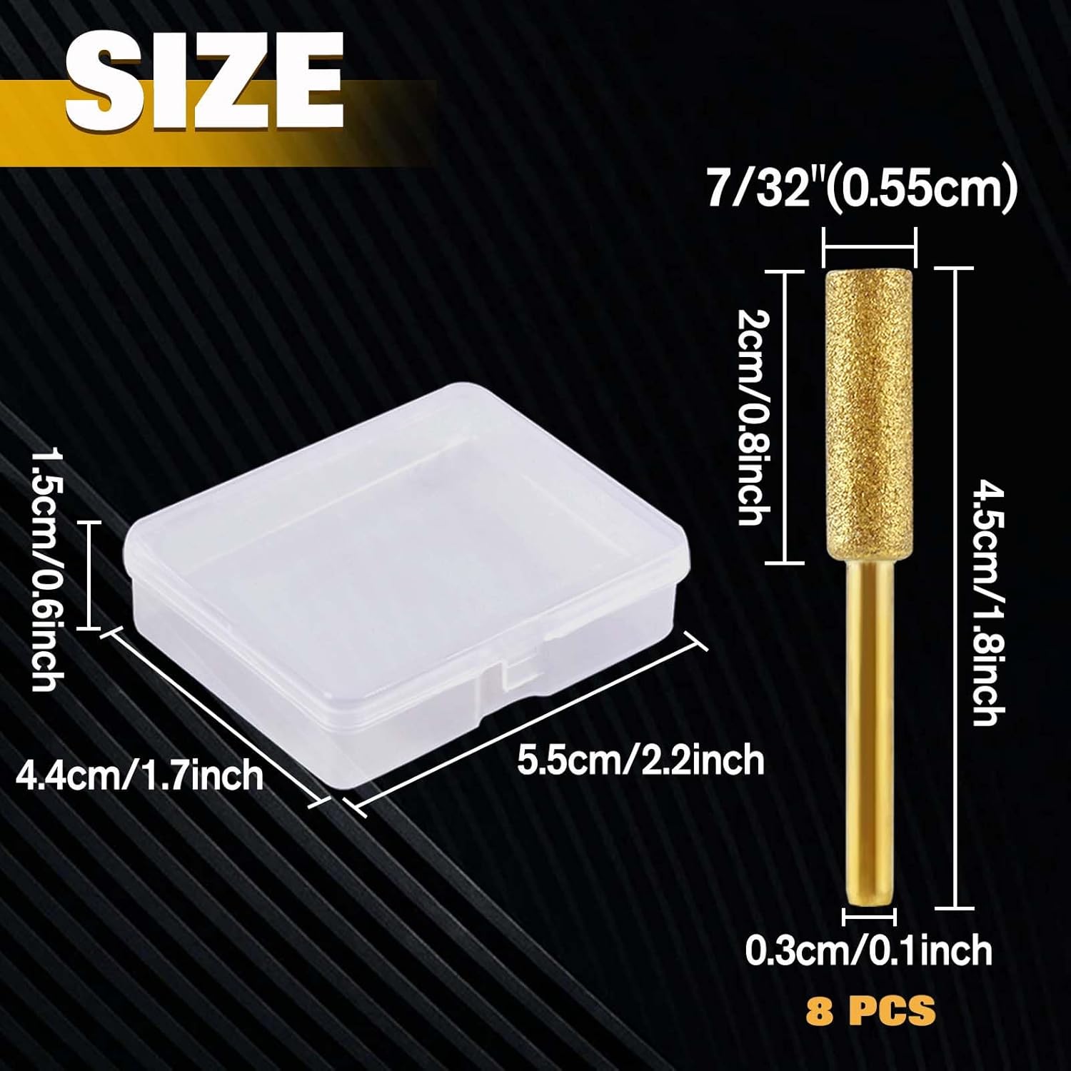 8 Pcs High Hardness Diamond Chainsaw Sharpener Bit 7/32" 5.5mm Titanium Plated Burr Stone File Polishing Tool with 1/8" Shank Burr Grinding Stone File for Chain Saw Wood Jewelry Stone, Golden