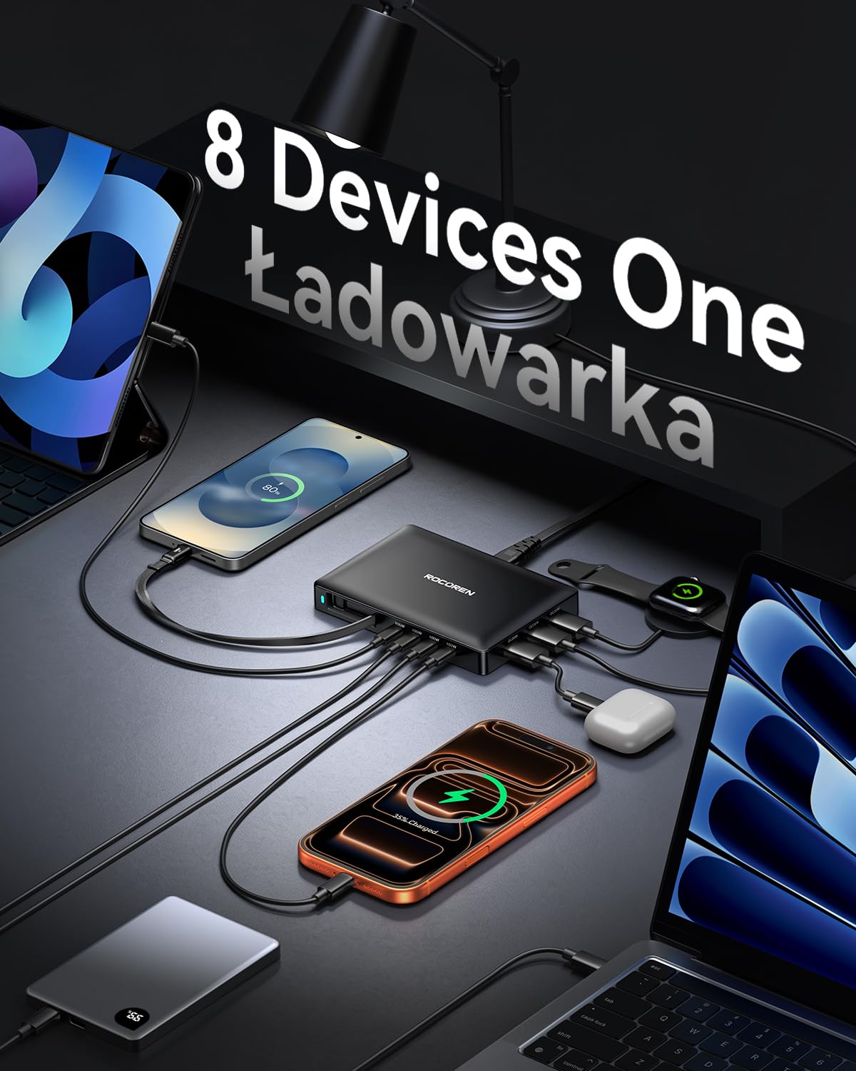 Rocoren Ładowarka USB C 8 w 1, z wysuwanym kablem, stacja ładująca USB GaN z wieloma urządzeniami, kompatybilna z laptopami, MacBookiem, iPadem, iPhonem, Samsung i innymi