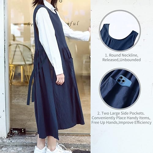 Miniatura 3 de Delantal de talla extragrande con bolsillos y cintura ajustable, delantal con peto de mezcla de algodón suave, para hornear, cocinar, jardinería