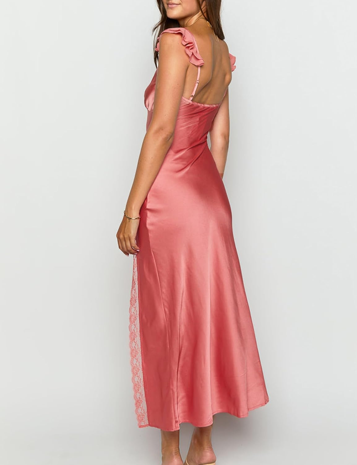 Summer Satin Lace Backless Spaghetti Strap Maxi Dress for Wedding Guest Silk Sleeveless V Neck Slit Ruffled Dress for Women - Image 2