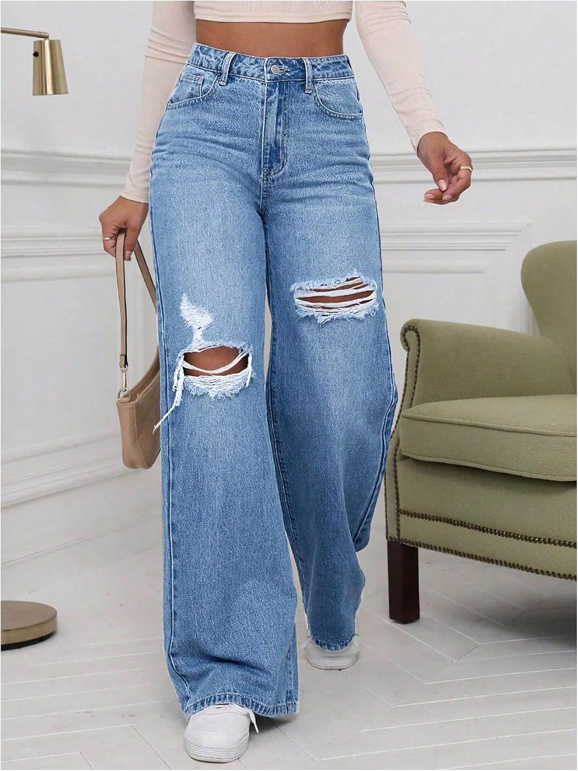 SHENHE Girl's Ripped Baggy Jeans Y2k High Waist Wide Leg Denim Pants Cute Casual Streetwear