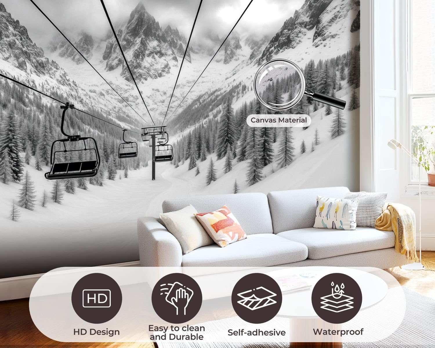 Peel and Stick Wallpaper Wall Murals Chair Lift Ski Resort Snowy Mountains Nice Sunny Day Snow Covered Pine Self Adhesive Removable Canvas Wall Stickers for Living Room Kids Bedroom 100''x144''