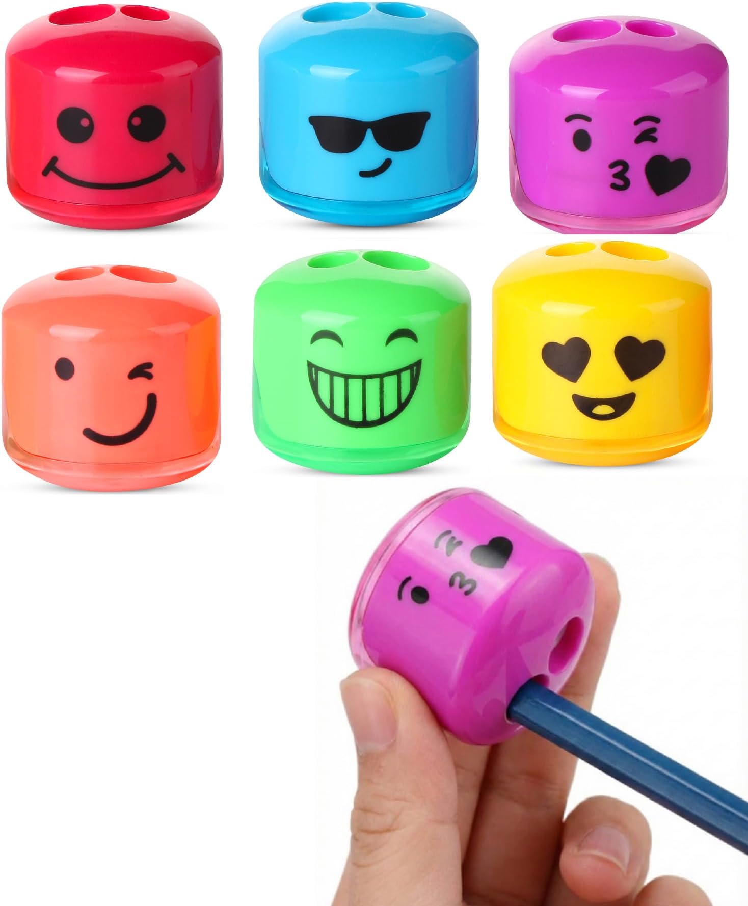 Pencil Sharpeners Manual, 6 Pack, Dual Hole, Smiley Handheld Pencil Sharpener, Compatible with Standard and Jumbo Pencils, Snap-on Lid, Stainless Steel Blade, Back to School Supplies