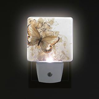 Floral Background with Butterfly Plug in LED Night Light Auto Sensor Dusk to Dawn Decorative Night for Bedroom, Bathroom, Kitchen, Hallway, Stairs,Hallway,Baby's Room, Energy Saving 2 Pack