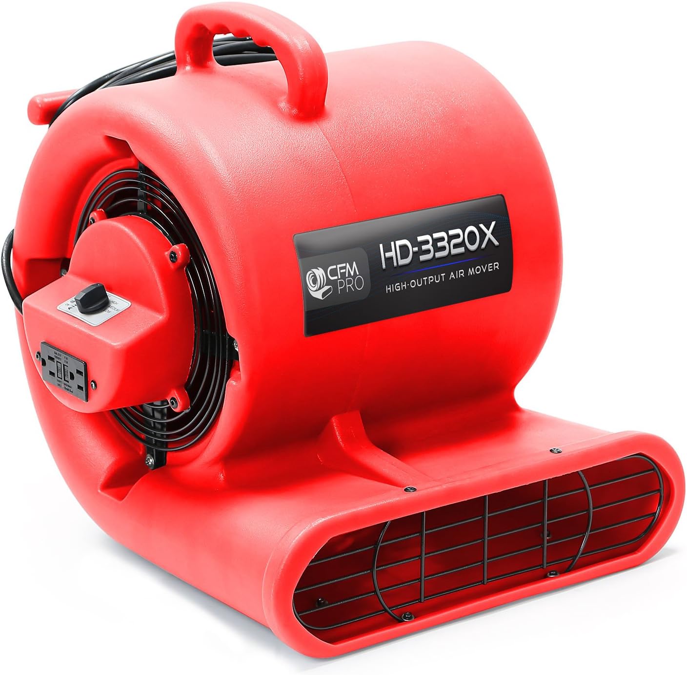 CFM PRO Air Mover Carpet Floor Dryer 3 Speed 1/3 HP Blower Fan with 2 GFCI Outlets - Stackable - Industrial Water Flood Damage Restoration (Red)
