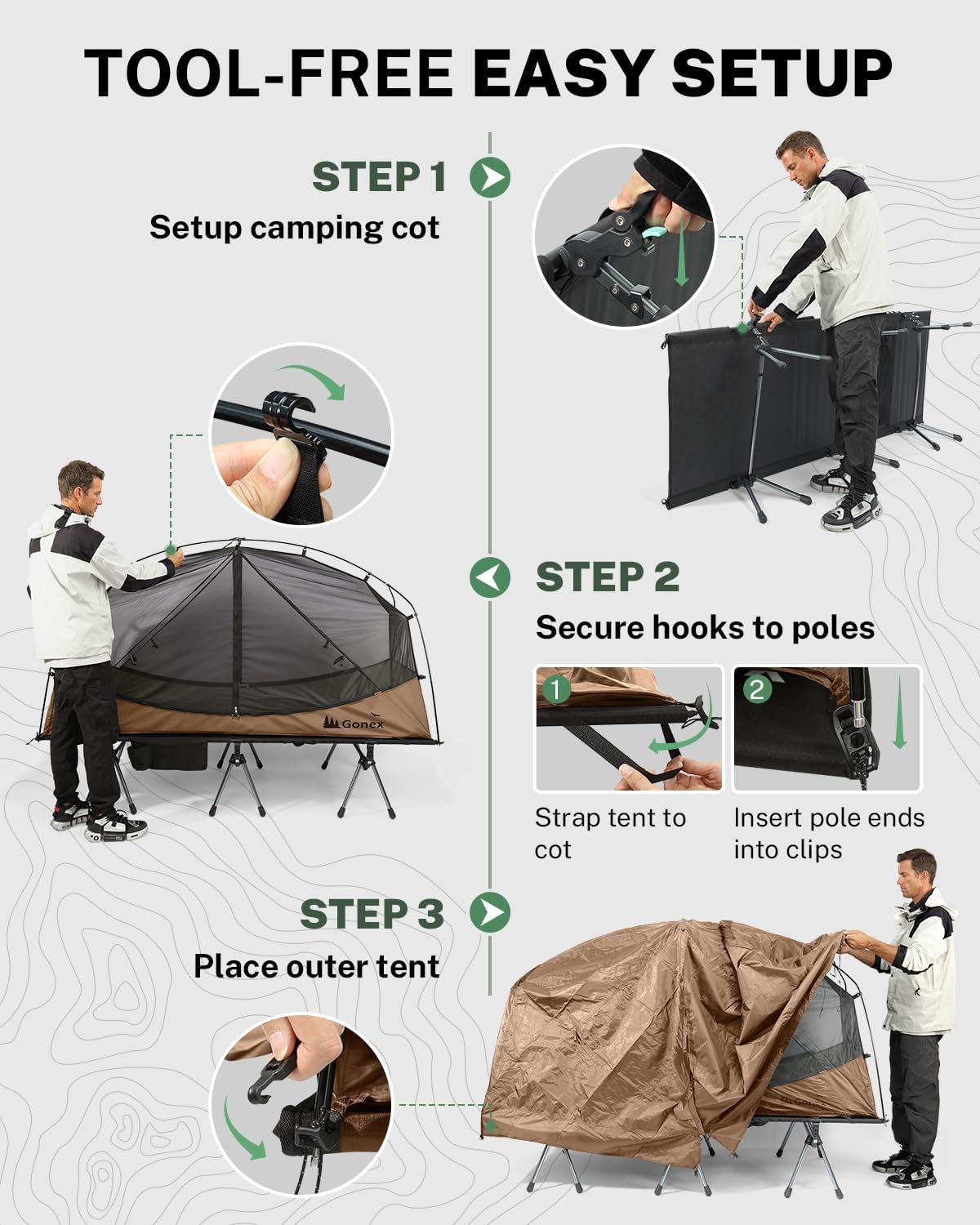 Gonex Camping Tent Cot for Adults, 1-Person Off-Ground Folding Portable Easy Set-up Tent Cot Combo Supports 350lbs for Hiking, Backpacking, Car & Motorcycle Camping(31.5" W X 78.7" L)-Khaki