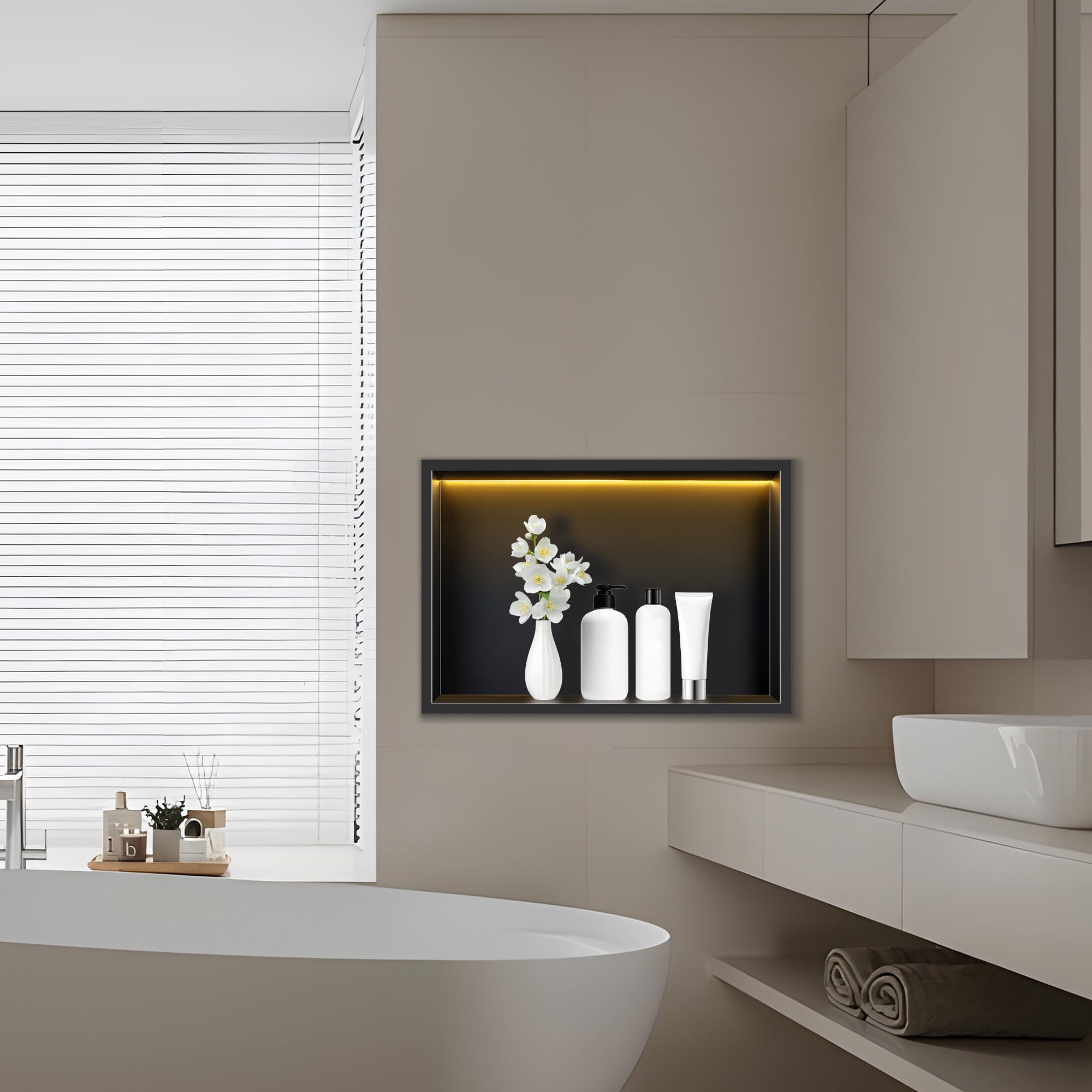 FTL Nicchia da Parete per Doccia in Acciaio Inox con Luce LED 45x30cm,Nero Nicchia da Doccia Incasso con 3000K Bianco Caldo LED,Senza Piastrelle,Impermeabile Nicchia per Bagno