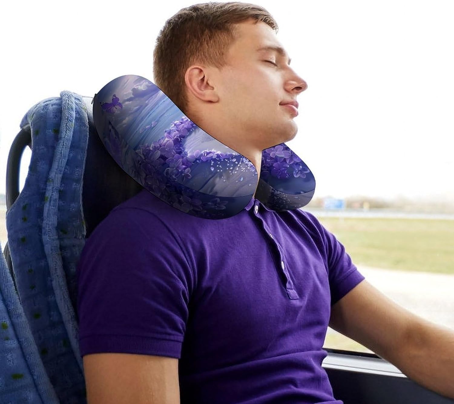 Purple Beach Flower Travel Pillow U Shape Neck Pillow Washable Pillowcase for Sleeping Chair