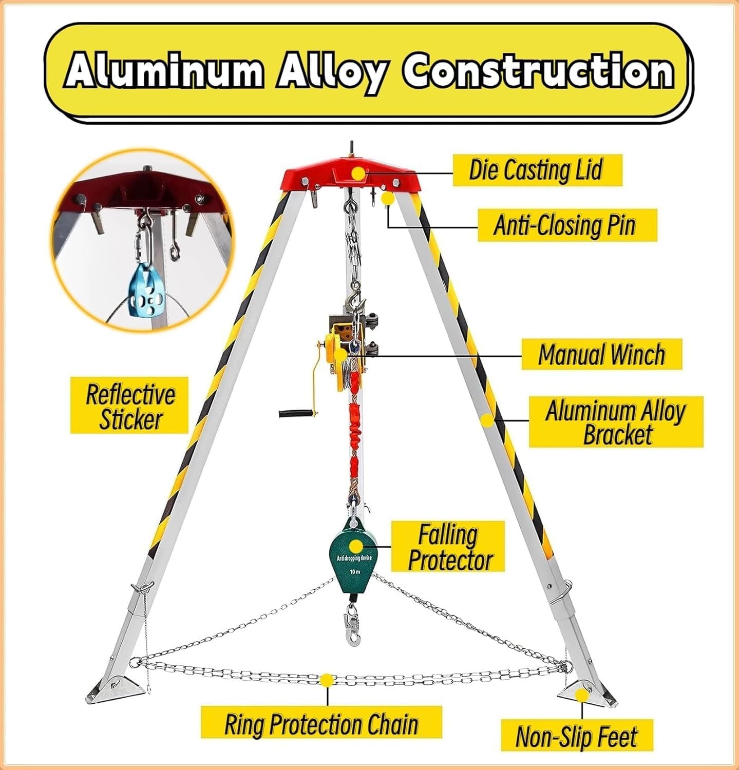 Fall Arrest Kits,Lifting and Rescue Equipment Firefighting Rescue Tripod, Hoist Equipment Derrick Crane for Exploration Well Manhole Tunnel Sewer, Heavy Duty Aluminum Fall Protection Rescue