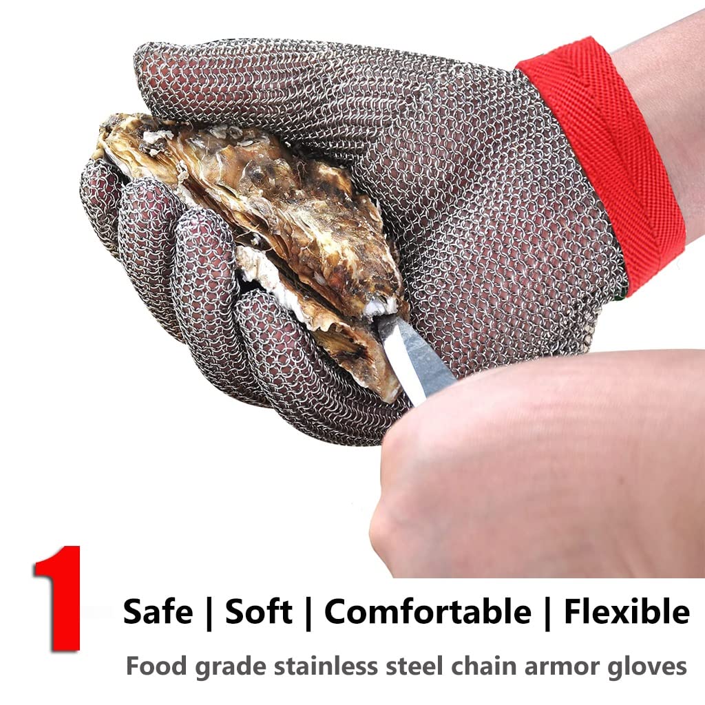 Guantes de Trabajo Anticorte Guantes anticorte de cota de malla de Metal, guantes de trabajo de seguridad for cortar carne, muñequera ajustable (Size : A pack of one/XXL)