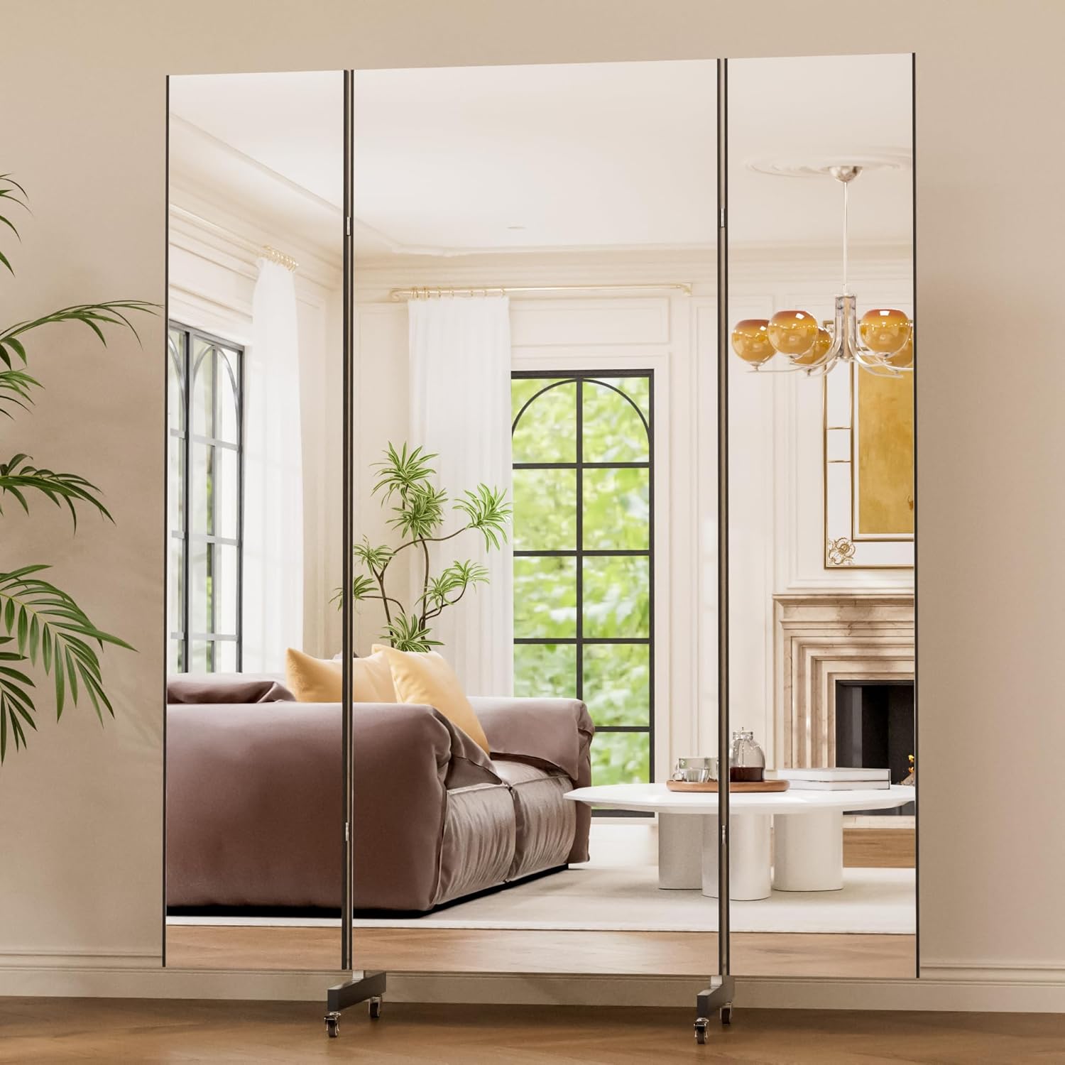 brisafe 71"x67" Folding Mirror with Wheels, 3-Panel Full Length Wall Mirror, Space-Saving Design, Shatterproof Nano Material, Portable Floor Mirror for Gym, Dance Studio, Home, Commercial Use, White