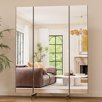 brisafe 67"x55" Folding Mirror with Wheels, 3-Panel Full Length Standing Mirror, Space-Saving, Shatterproof Nano Material, Portable Floor Mirror for Gym, Dance Studio, Home, Commercial Use, Black 2