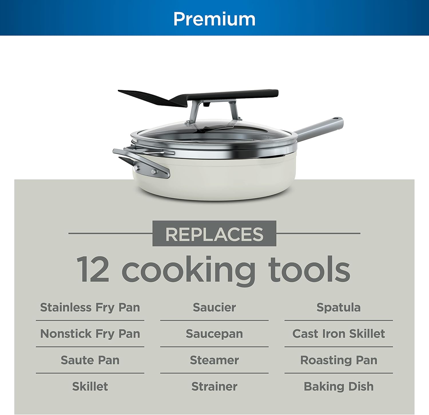 Ninja CW102WH Foodi NeverStick PossiblePan, Premium Set with 4-Quart Capacity Pan, Steamer/Strainer Basket, Glass Lid & Integrated Spatula, Nonstick, Durable & Oven Safe to 500°F, Vanilla Bean