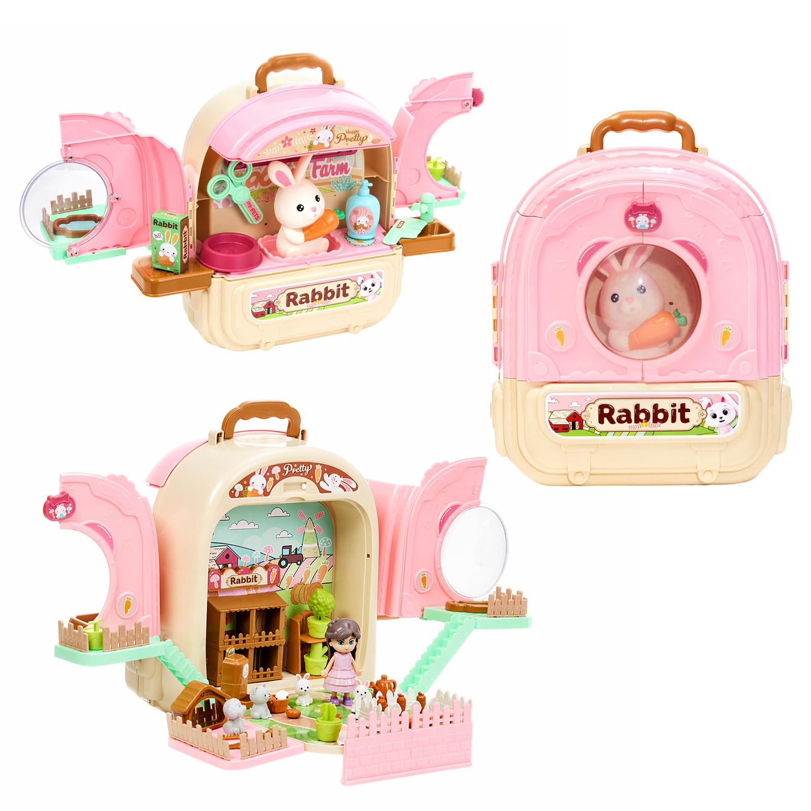 EVERGOODS Rabbit Care Backpack Playset – Stylish, Functional, Realistic Accessories, Portable, Plush Toy Set for Kids Pretend Play Toy (Pink) — image 1