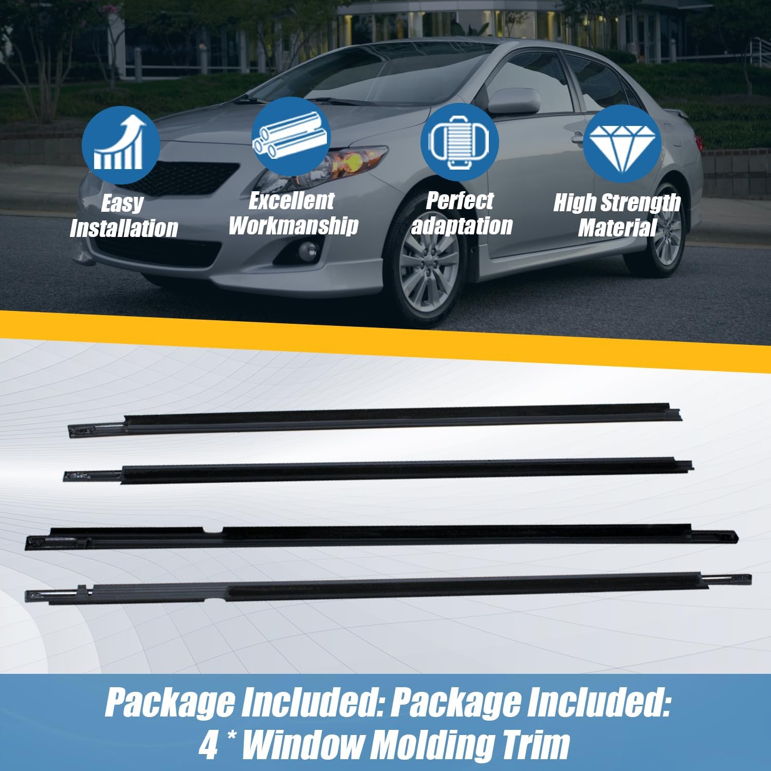4pcs Outside Window Seals Weatherstrip Trim Molding Compatible with Toyota Corolla CE/LE/S/XRS Sedan 4-Door 2004-2008 Replaces 75710-02100 75720-02100 75730-02100 75740-0210