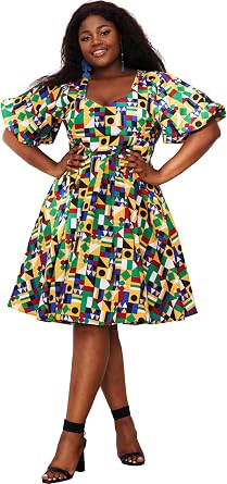 Women African Floral Print V Neck Dresses Ankara Lantern Sleeves Short Dress