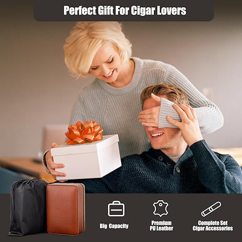 Vista 6 de Humidor de cigarros de cuero de viaje, diseño de doble capa y mango, con 2 soportes de puros dorados, cortador en V, ponche de puros, humidificador