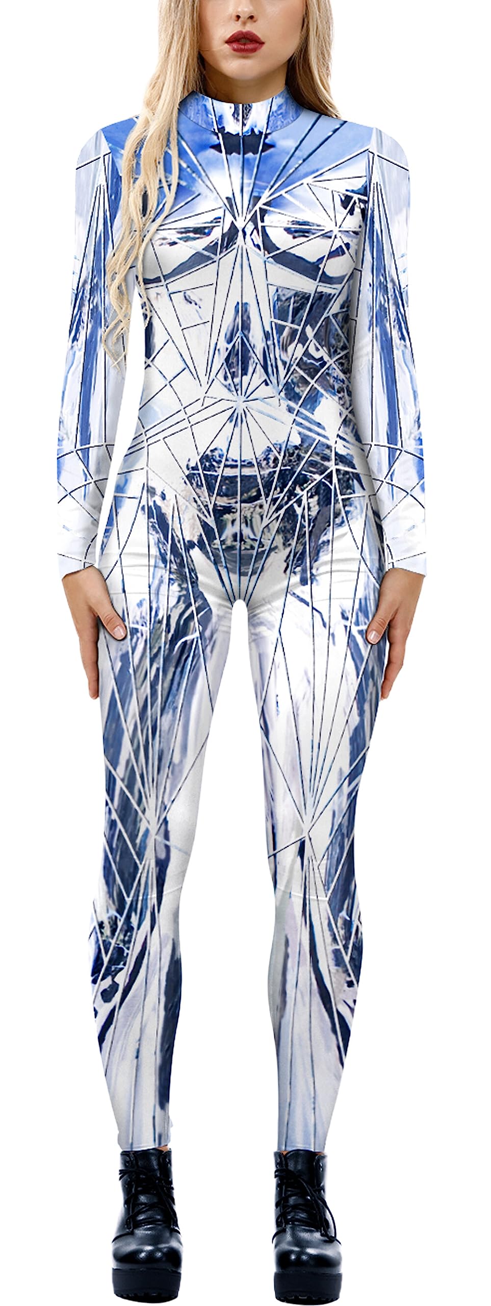 SEAUR Roboter Overall Damen Halloween Kostüm Cosplay Jumpsuit Skelett Knochen Anzug Karneval Fasching S Xl