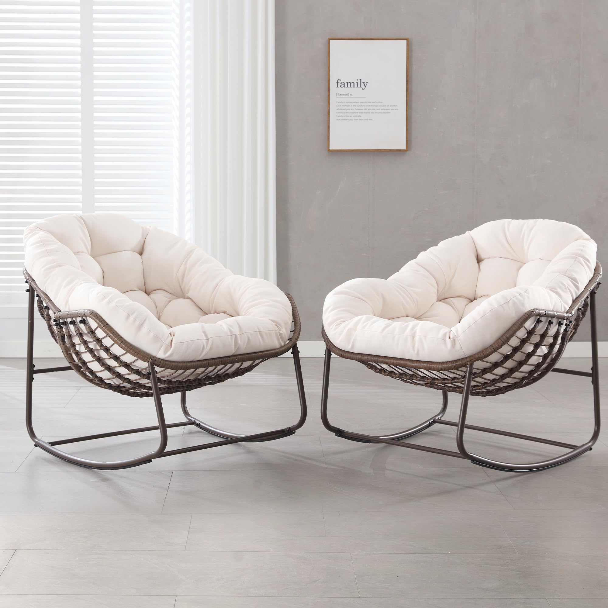 Outdoor Patio Schaukelstuhl-Set aus 2, Überdimensionierter Papasan-schaukelsessel für Innen mit Gepolstertem Kissen - Ei-Schaukelstuhl für Wohnzimmer, Veranda, Garten, Terrasse, Hinterhof