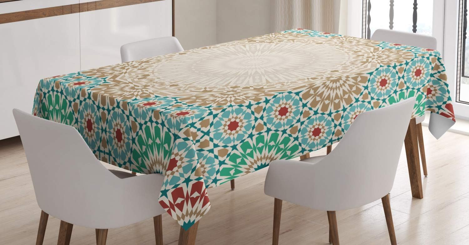 Ambesonne Moroccan Tablecloth, Ottoman Mosaic Art Pattern with Oriental Floral Forms Antique Scroll Ceramic Boho, Dining Room Kitchen Rectangular Table Cover, 60" X 84", Cream Turquoise 60" X 84" Cream Turquoise