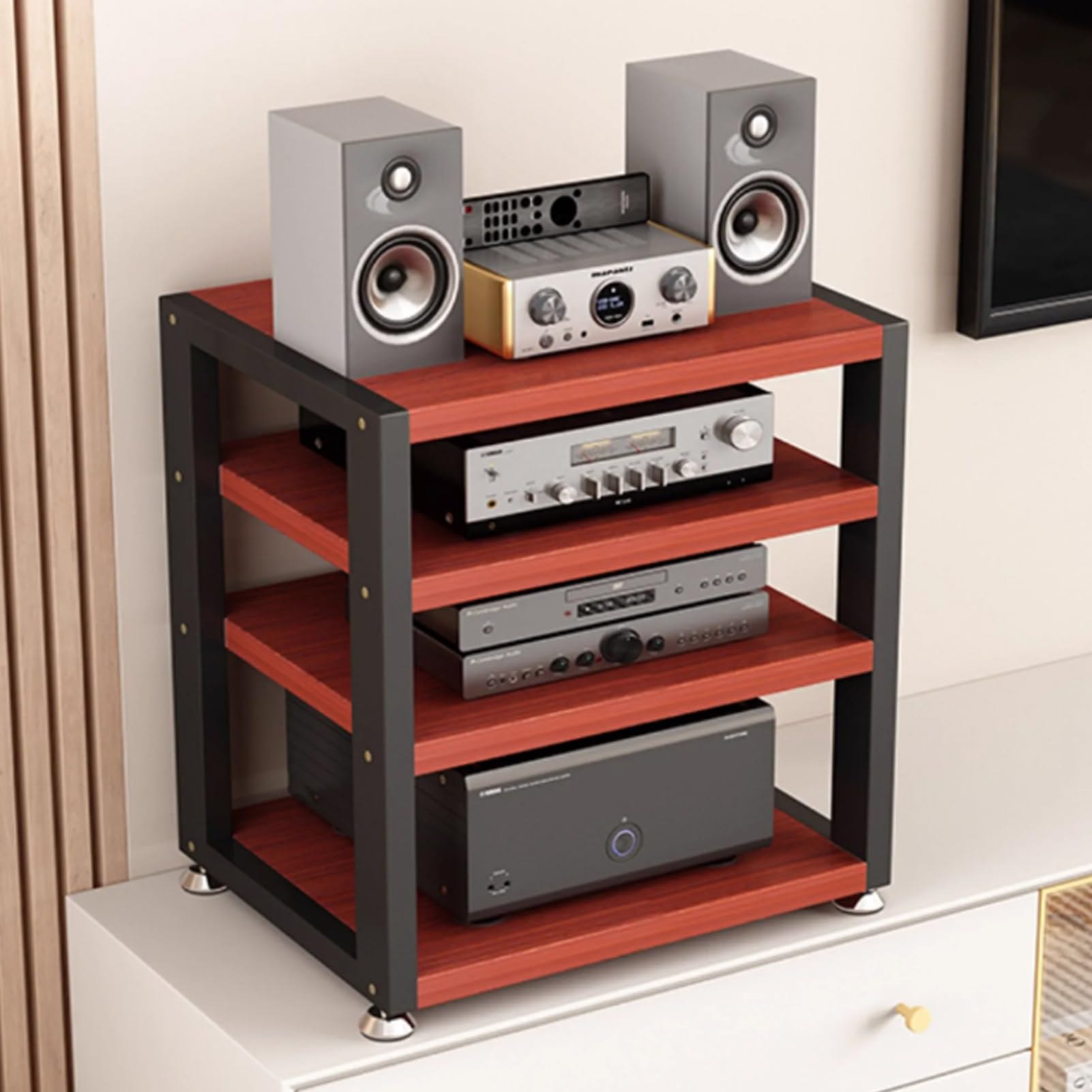 Mueble de audio HiFi en teca con tres estantes y patas antivibración para salón