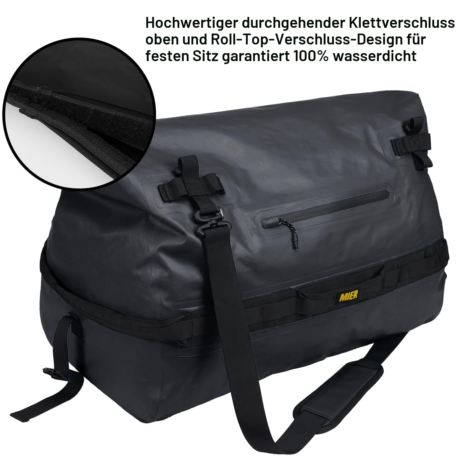 MIER wasserdichte Reisetasche 60L, Dry Bag Rolltop, Duffle Bag, Schwarz | Frontfach für schnellen Zugriff, reflektierende Streifen, Befestigungsriemen für Motorrad, Kajak und Gepäckträger