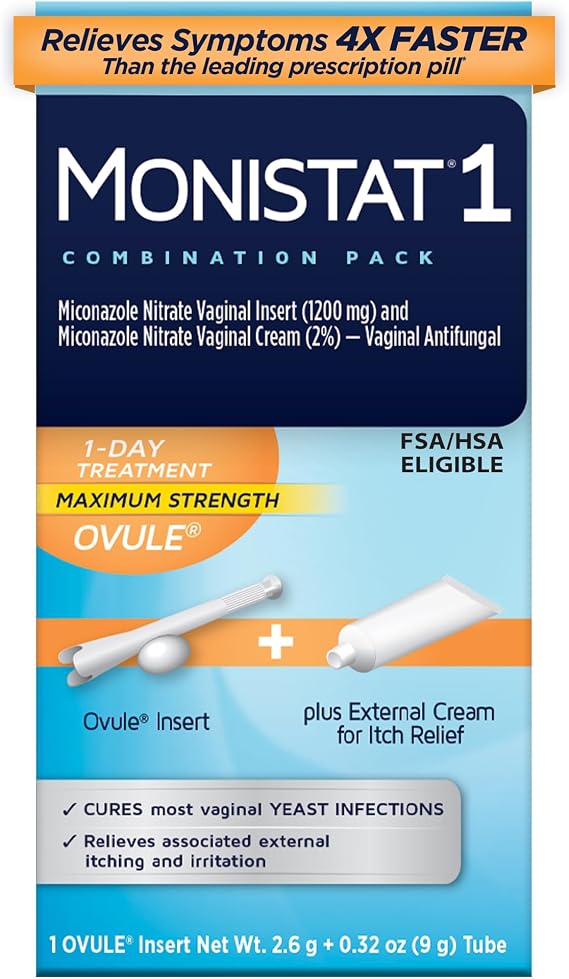 Monistat 1-Day Yeast Infection Treatment, Miconazole Ovule Insert + Cream | Maximum Strength Ovule Insert + External Itch Relief Cream. Fast relief from itchiness, odor, and irritation.