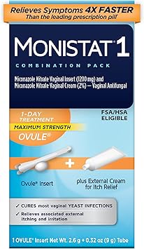 Monistat 1-Day Yeast Infection Treatment for Women, 1 Miconazole Ovule Insert & External Itch Relief Cream (9g Tube) Combo Pack, Maximum Strength