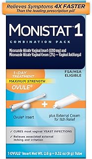 Monistat 1-Day Yeast Infection Treatment for Women, 1 Miconazole Ovule Insert & External Itch Relief Cream (9g Tube) Combo Pack, Maximum Strength