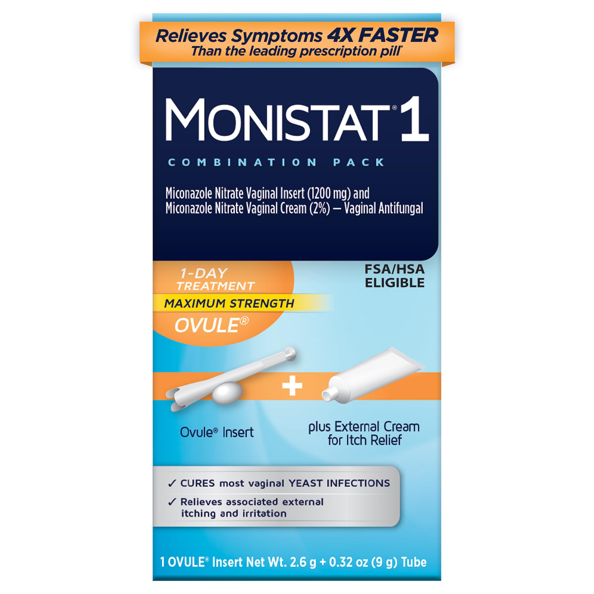 Monistat 1-Day Yeast Infection Treatment for Women, 1 Miconazole Ovule Insert & External Itch Relief Cream (9g Tube) Combo Pack, Maximum Strength