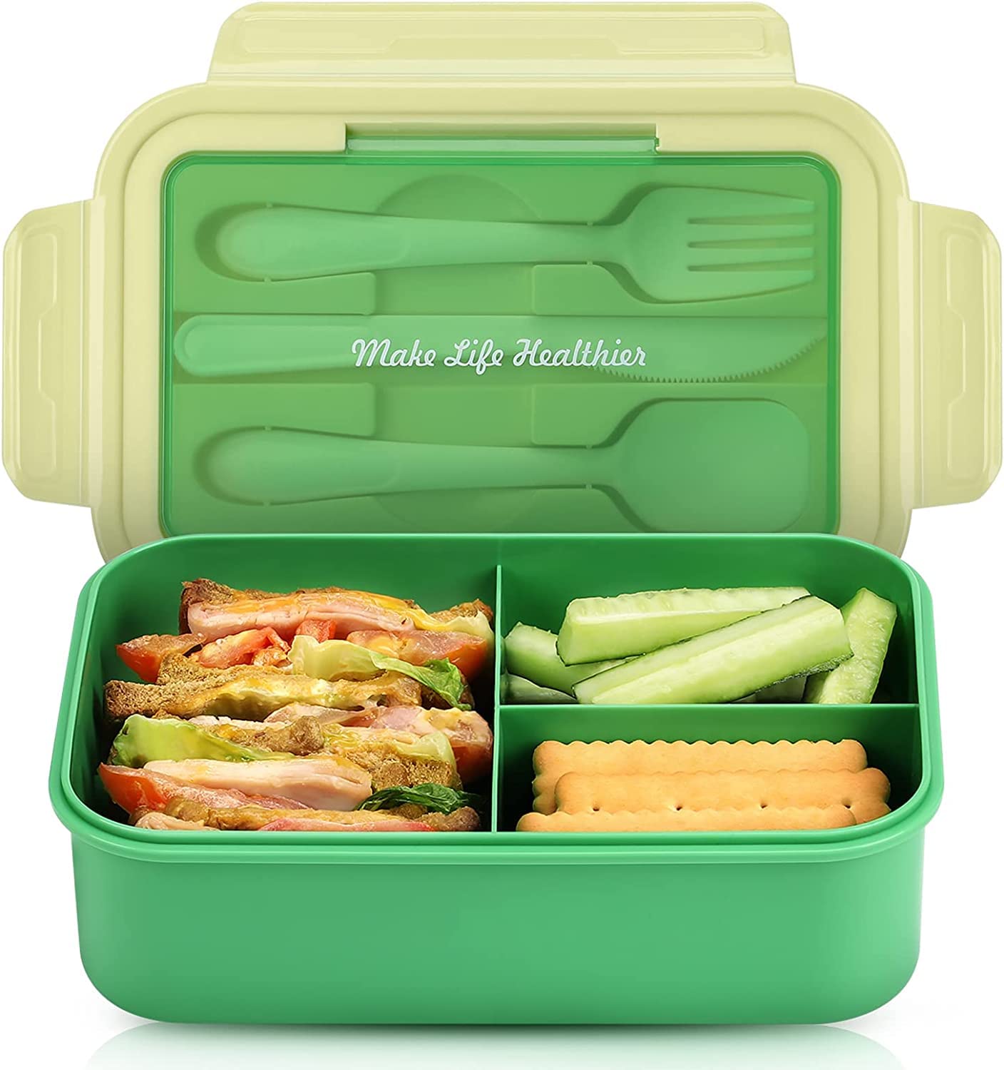 KELVEE Leak Proof 3 Compartment Lunch Box Bento Box Microwave Freezer Safe Food Containers with Spoon for Adults and Kids PP Food Grade Plastic (Green - 3 Partition 1400ml)
