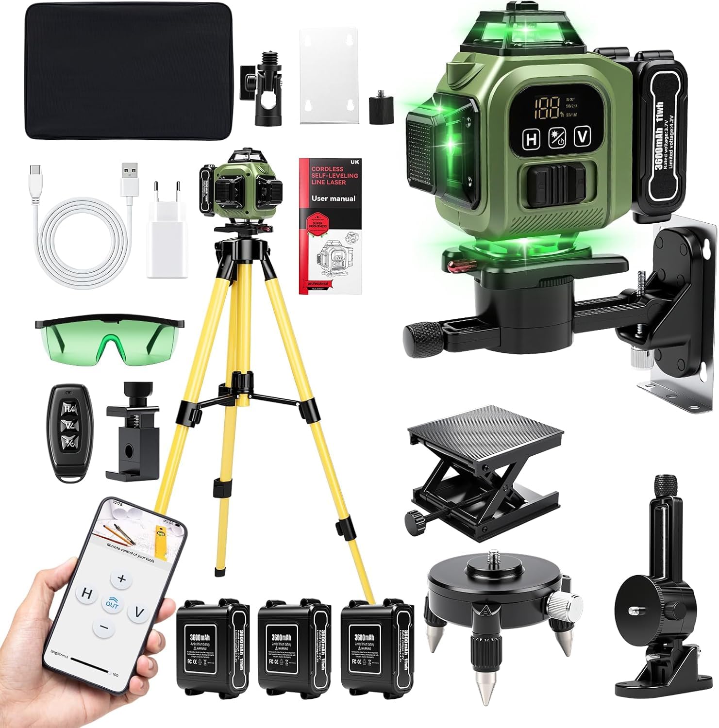 Nivel Láser Autonivelante 360 Grados, Nivel Láser Verde 16 Líneas con Trípode, Nivelador de Líneas Cruzadas Horizontales Verticales, para Obras Construcción, Decoración Hogar