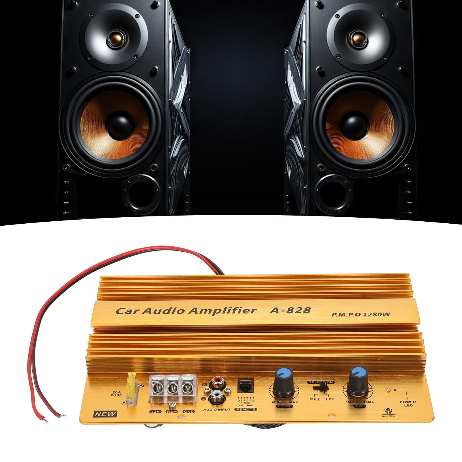 Kadimendium Placa Amplificadora de Potencia Alta para Coche, Amplificador de Graves Activo de 12V y 1280W para Altavoces de Graves de 8-12 Pulgadas, Construcción de Aleación de Aluminio