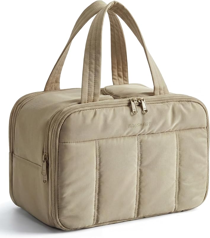 Necessaire de viagem BAGSMART Puffy com divisórias, alça e zíper, D-Light Camel