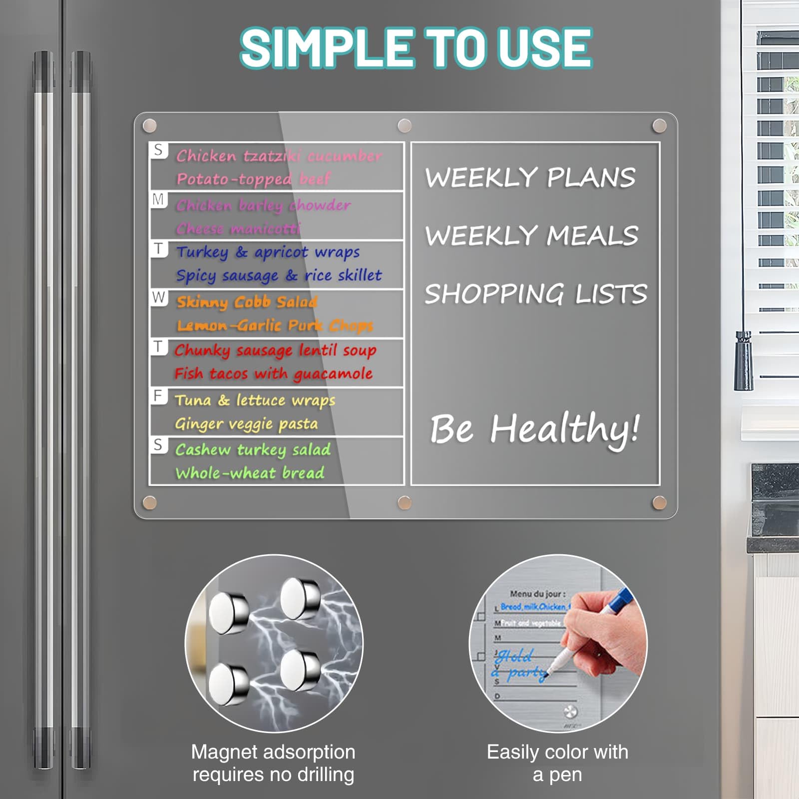 2pcs Magnetic Weekly Fridge Planner, Monthly Fridge Magnetic Calendar Meal Planner Board with 8 Markers and Wipes, Transparent Menu Organisers for Kitchen Home Shopping List - Image 3