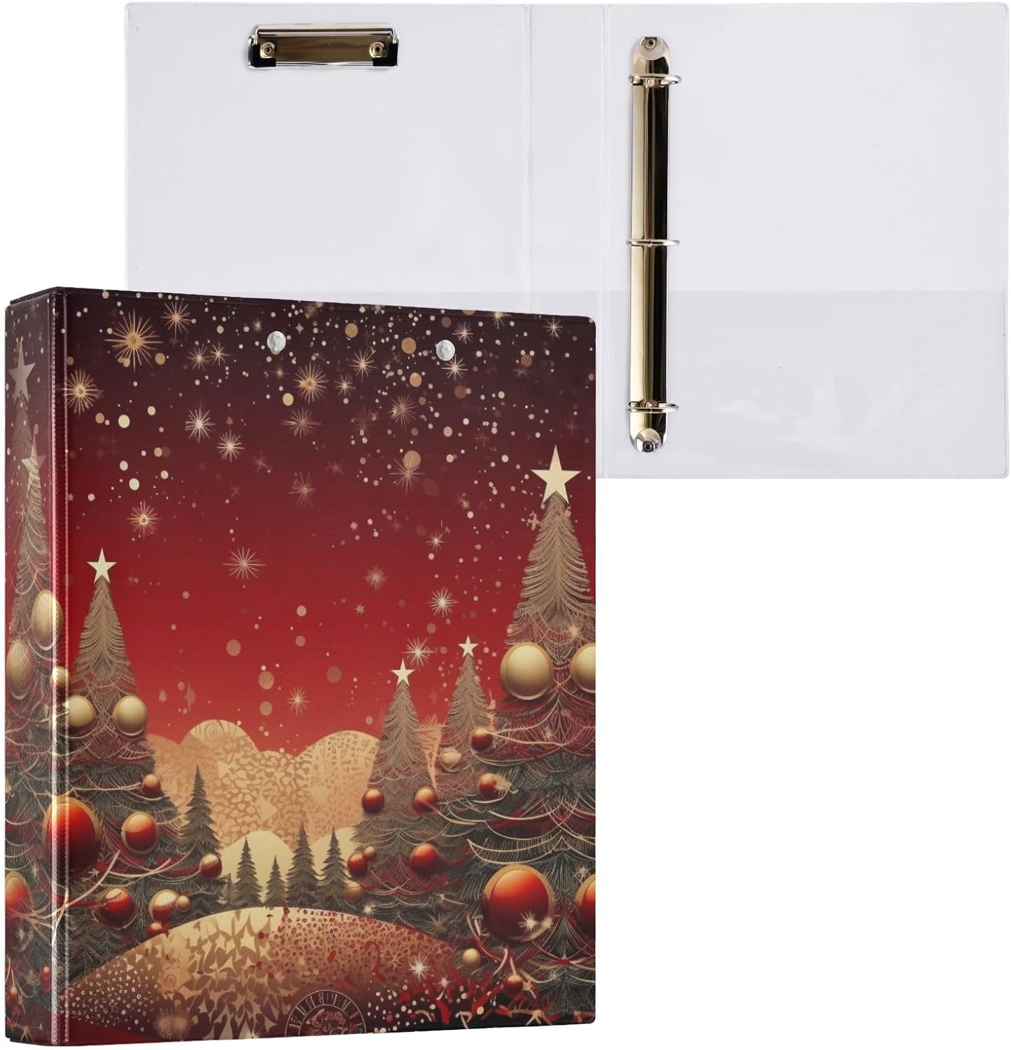 3 Ring Binder Golden Christmas Tree Red Ball 1.5 inch Binders Three Ring Binders with Clipboard Fit 8.5'' x 11'' Paper 3 Interior PVC Clear Pockets for Office Supplies