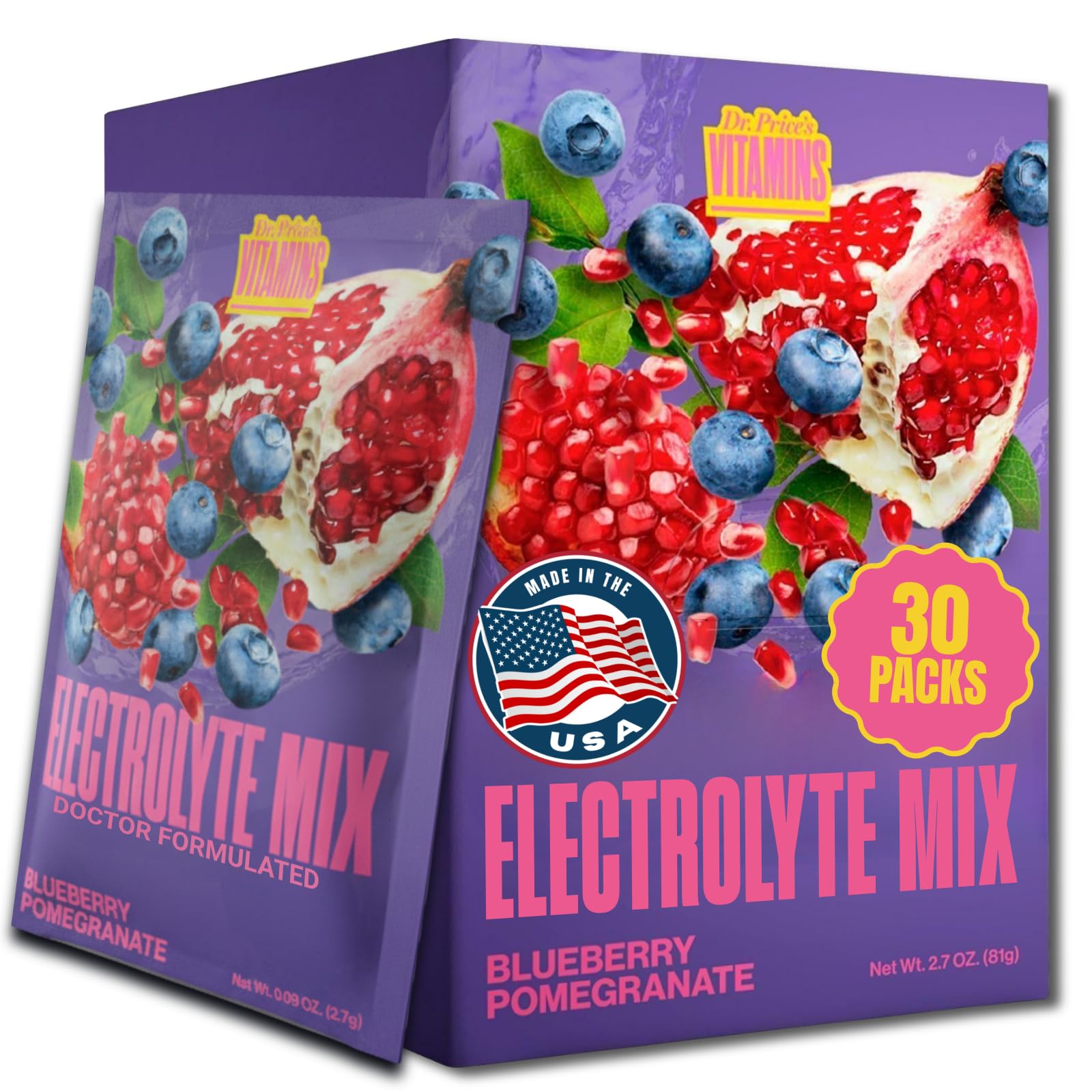 Dr. Price’s Electrolyte Mix | Sugar-Free Hydration Powder with 72+ Trace Minerals | No Sugar, Fast-Dissolving Electrolytes Powder Packets | Blueberry-Pomegranate (30 Packs)