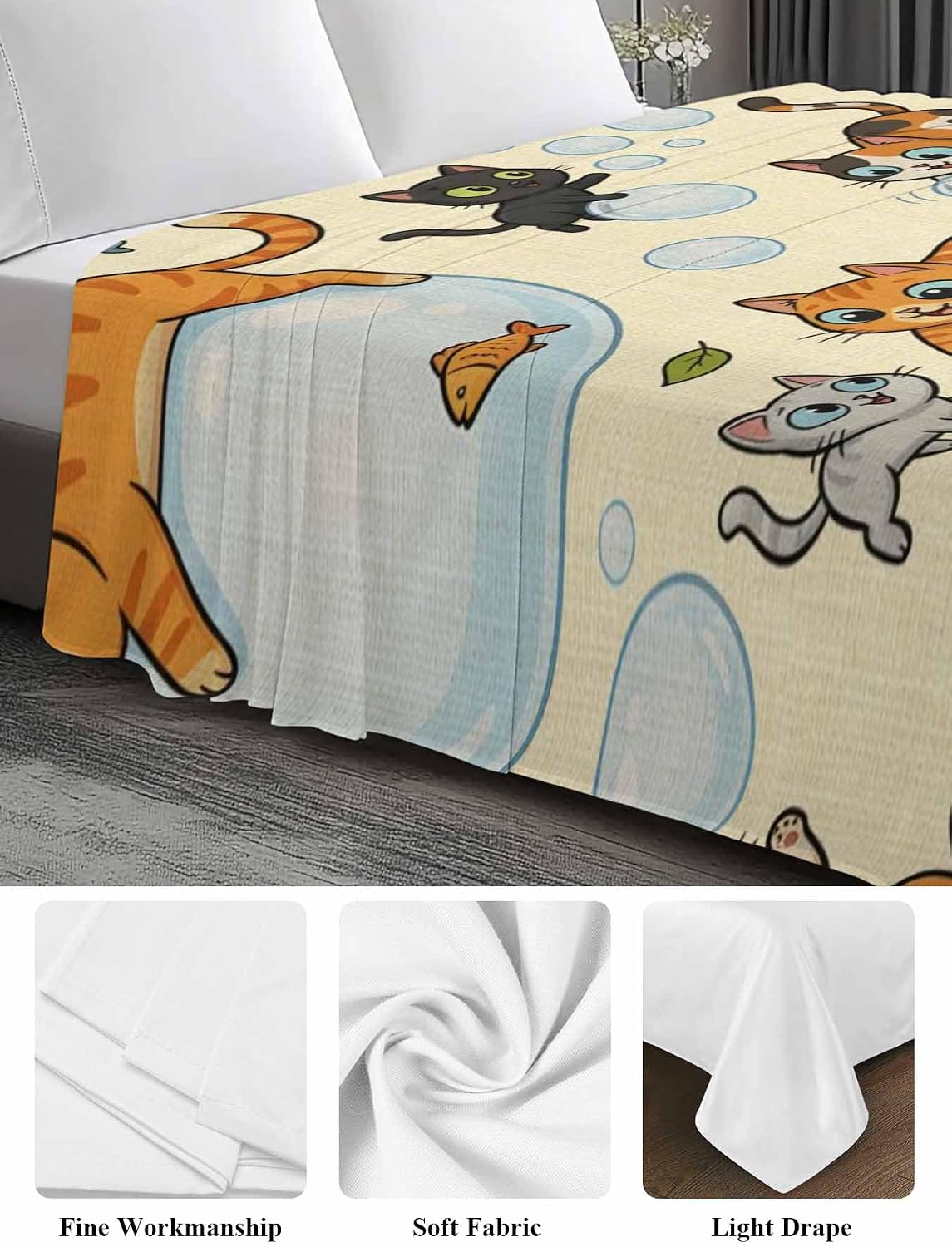 Top Sheet King Bedding Flat Sheet Only, Watercolor Pets Fish Bubbles Microfiber Bed Sheets Soft Breathable Bedding Flat Sheets, Brown Background Hotel Luxury Top Sheets
