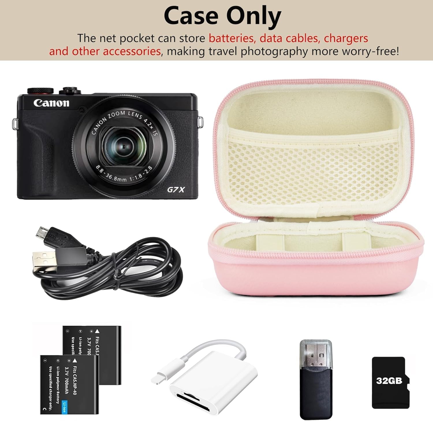 Digital Camera Case Compatible with Canon Powershot G7X Mark II & III/ SX740/ Sony ZV-1/ RX100 VII, Compact Travel Point & Shoot 4K Vlog Cameras Storage Holder with Lanyard (Pink)