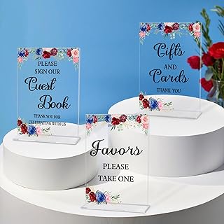 3 Pcs Burgundy and Navy Blue Acrylic Wedding Signs for Ceremony and Reception, Clear Table Decoration Signs with Holder, 5 x 7 Inch Tabletop Centerpiece for Wedding Bridal Shower Display