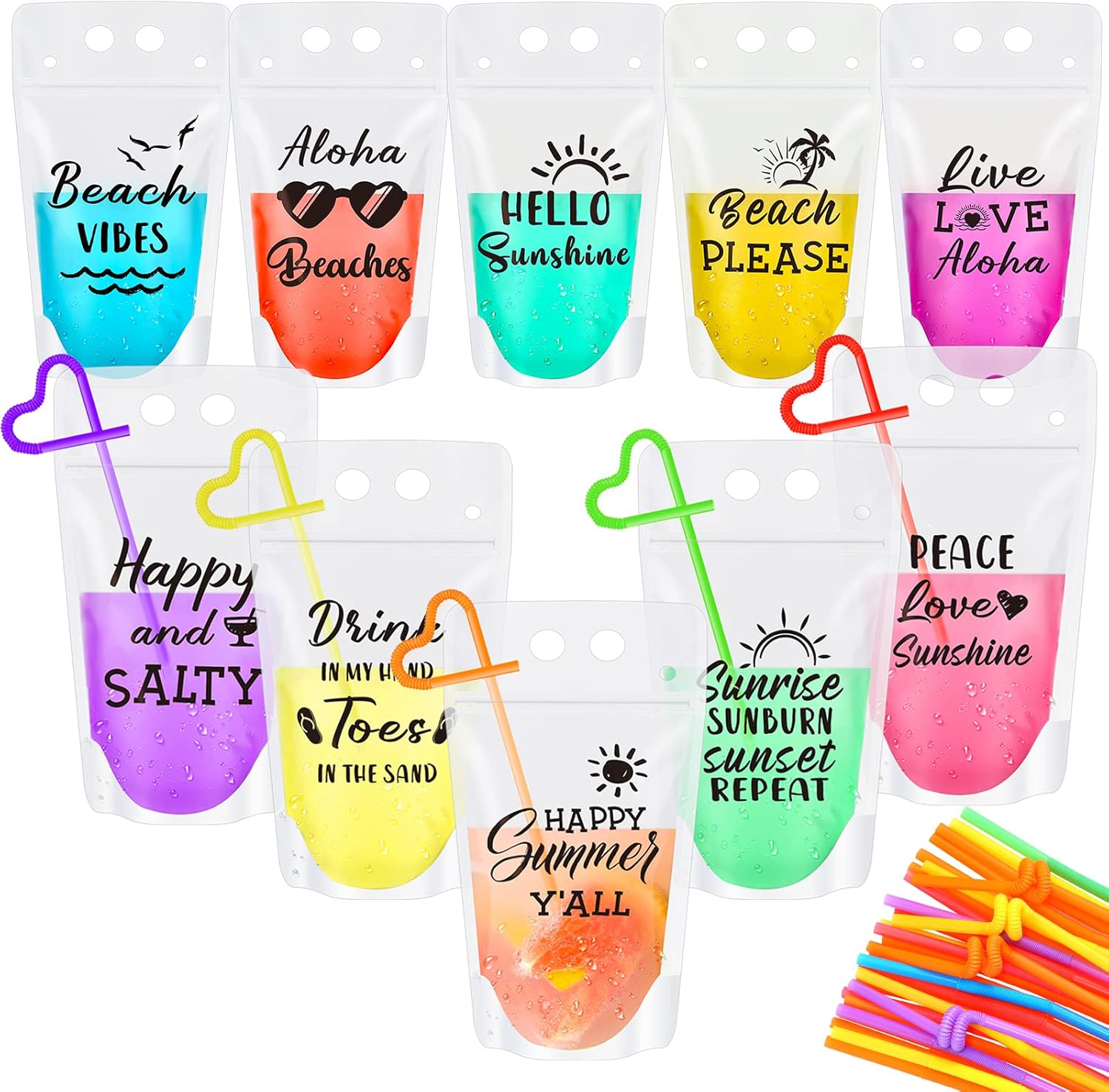 Chengu 30 Sets Summer Drink Pouches with Straws for Adult Beach Translucent Party Beverage Bags Stand up Juice Pouches Plastic Drink Container with Zipper Juice Freezer Bags for Party Favor